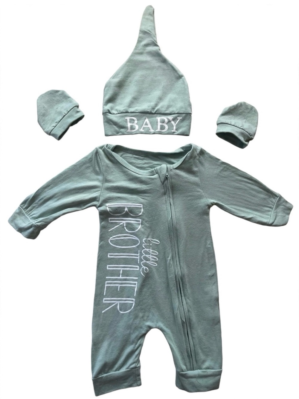 Little Brother Sage Green Baby One-Piece with Hat and Mittens